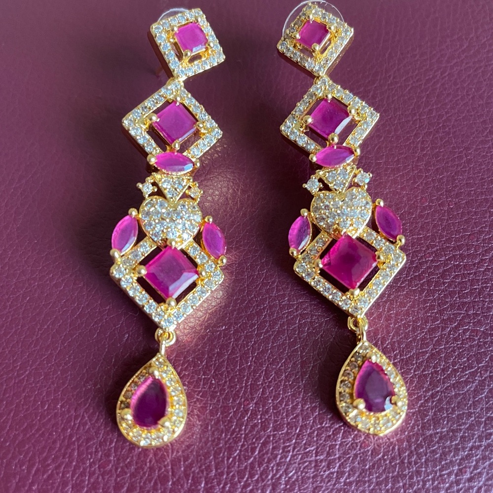 Gold-Plated Pink Crystal Drop Earrings - Women Jewelry